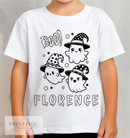 Personalised Halloween Colour In activity Kids T – shirt – with washable pens – Scary Ghost ND2 - 1-2 yrs