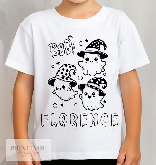 Personalised Halloween Colour In activity Kids T – shirt – with washable pens – Scary Ghost ND2 - 1-2 yrs