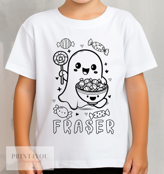 Personalised Halloween Colour In activity Kids T – shirt – with washable pens – Scary Ghost ND3 - 1-2 yrs