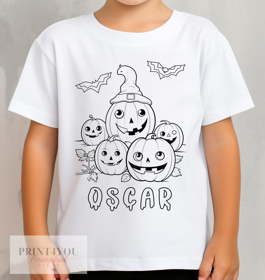 Personalised Halloween Colour In activity Kids T – shirt – with washable pens – Mixed Pumpkins - 1-2 yrs