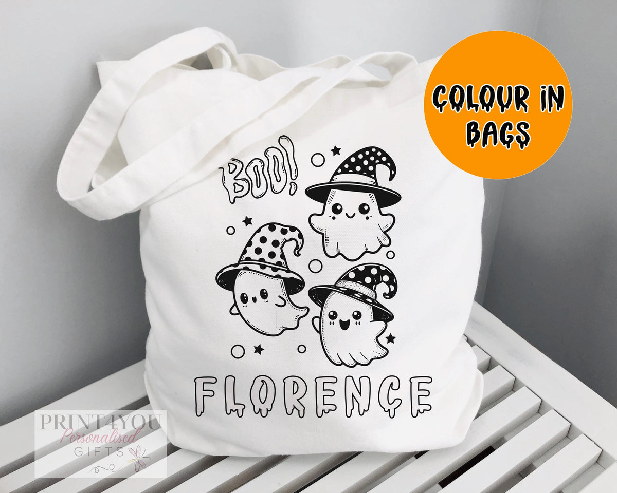 White cotton tote bag printed with a black-and-white ghost outline (design ND2), ready to colour in