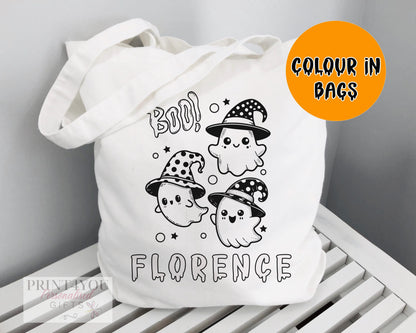 White cotton tote bag printed with a black-and-white ghost outline (design ND2), ready to colour in