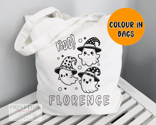 White cotton tote bag printed with a black-and-white ghost outline (design ND2), ready to colour in