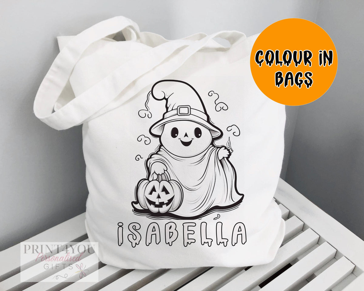 Personalised colour-in Halloween tote bag with a black-and-white friendly Ghost outline design, ready to colour
