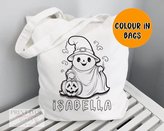 Personalised colour-in Halloween tote bag with a black-and-white friendly Ghost outline design, ready to colour