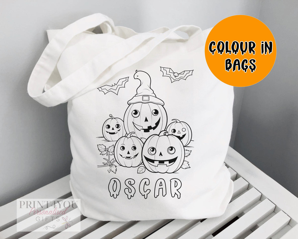Personalised colour-in Halloween tote bag printed with a black-and-white Mixed Pumpkin patch outline, ready to colour