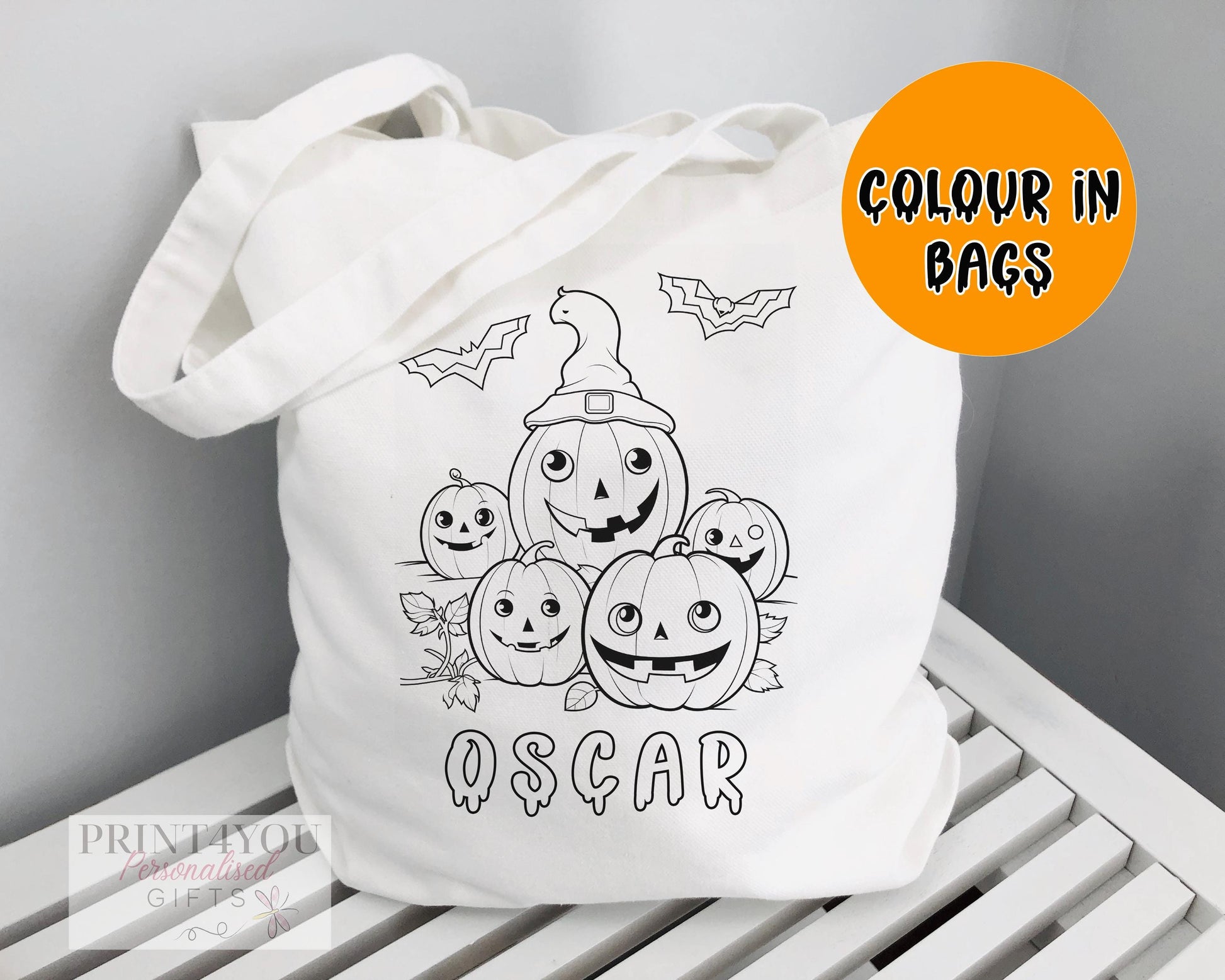 Personalised colour-in Halloween tote bag printed with a black-and-white Mixed Pumpkin patch outline, ready to colour