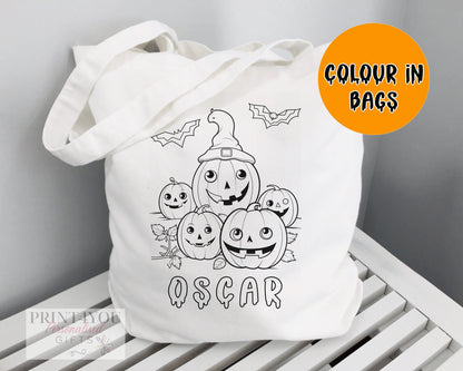 Personalised colour-in Halloween tote bag printed with a black-and-white Mixed Pumpkin patch outline, ready to colour