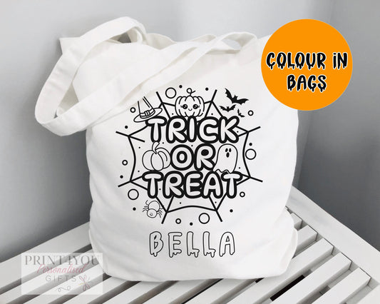 Personalised colour-in Halloween tote bag with a black-and-white Trick or Treat outline design, ready to colour