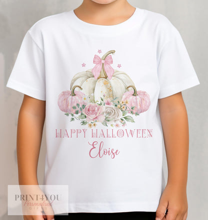 Personalised Halloween T – Shirt for Kids – Pink Pumpkins for Girls Printed Cotton Tee – Spooky Graphic Shirt for Children - 6-12 months  T-shirt