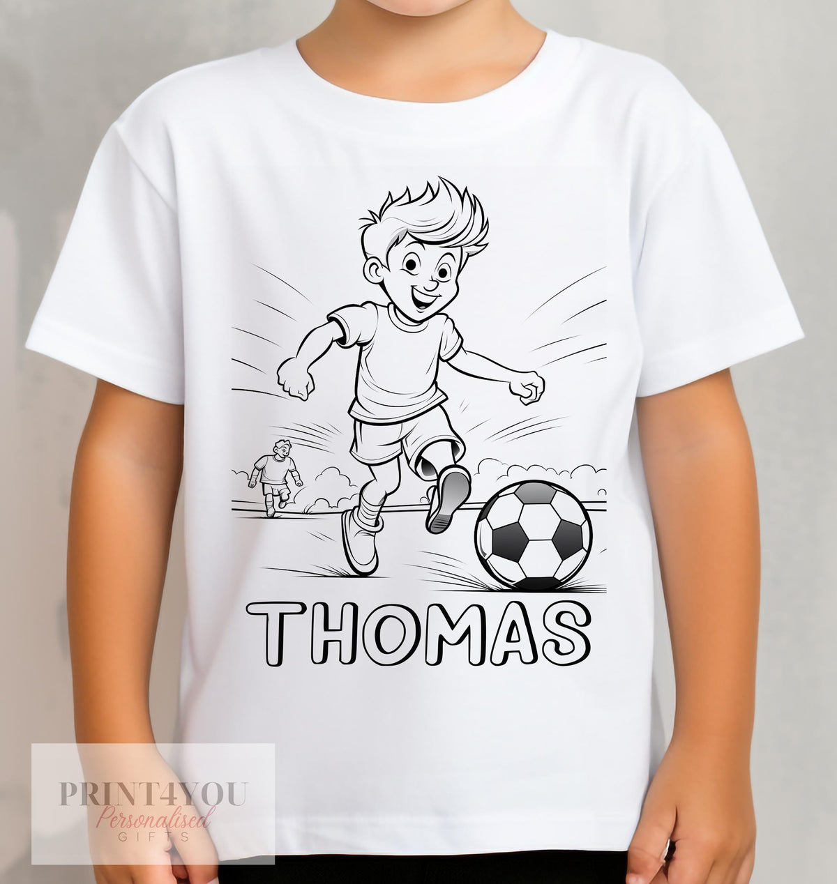 Personalised kids football colour-in t-shirt with washable pens, size 1-2 years