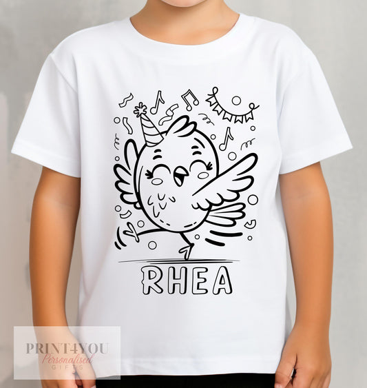 Personalised Birthday Party Bird Colour In activity Kids T – shirt – with washable pens - 1-2 yrs