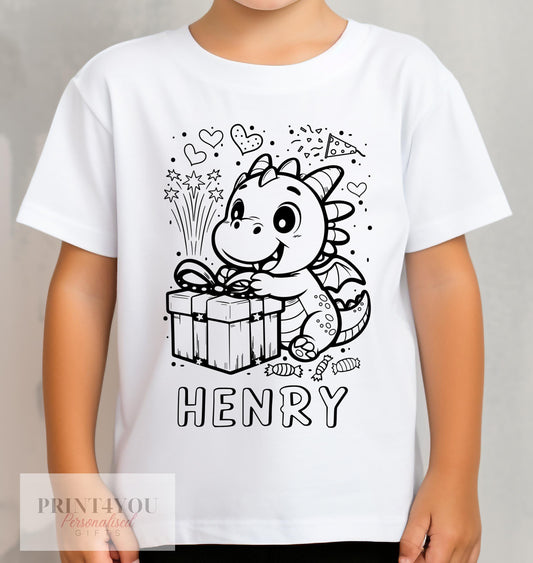 Personalised Birthday Party Dinosaur Colour In activity Kids T – shirt – with washable pens - 1-2 yrs