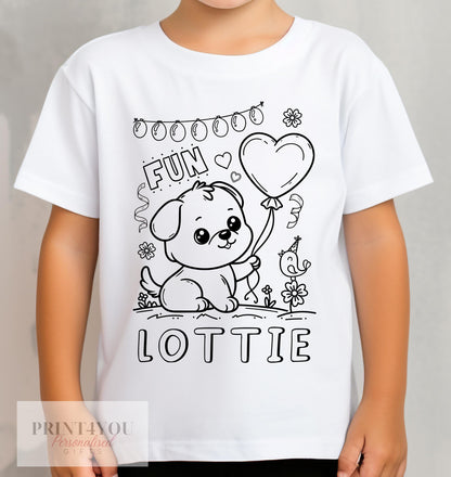 Personalised Puppy Dog colour-in kids t-shirt with custom name and washable pens, size 1-2 years