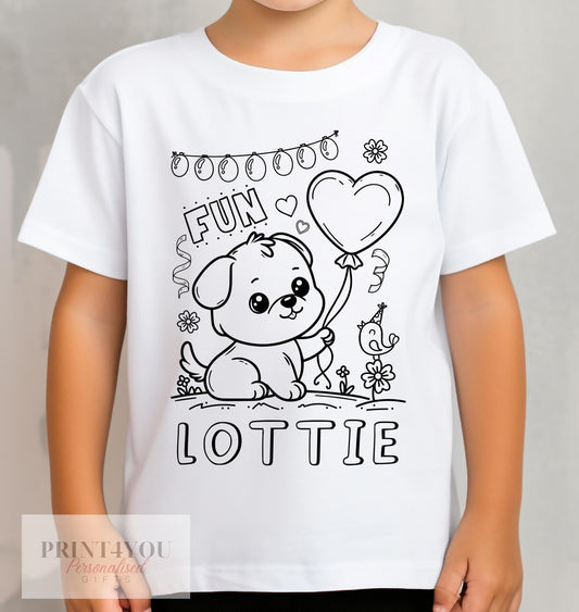 Personalised Birthday Party Puppy Dog Colour In activity Kids T – shirt – with washable pens - 1-2 yrs