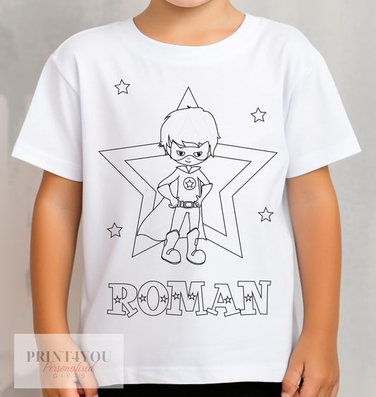 Personalised Super Hero Boy Colour In activity Kids T – shirt – with washable pens - 1-2 yrs