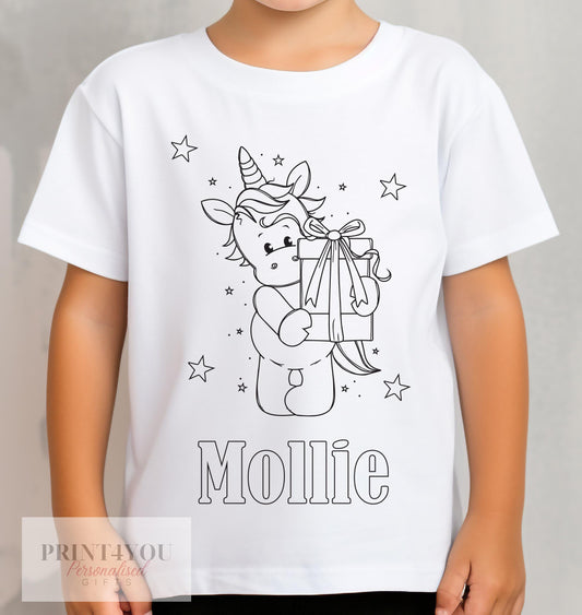 Personalised Unicorn Birthday Colour In activity Kids T – shirt – with washable pens - 1-2 yrs