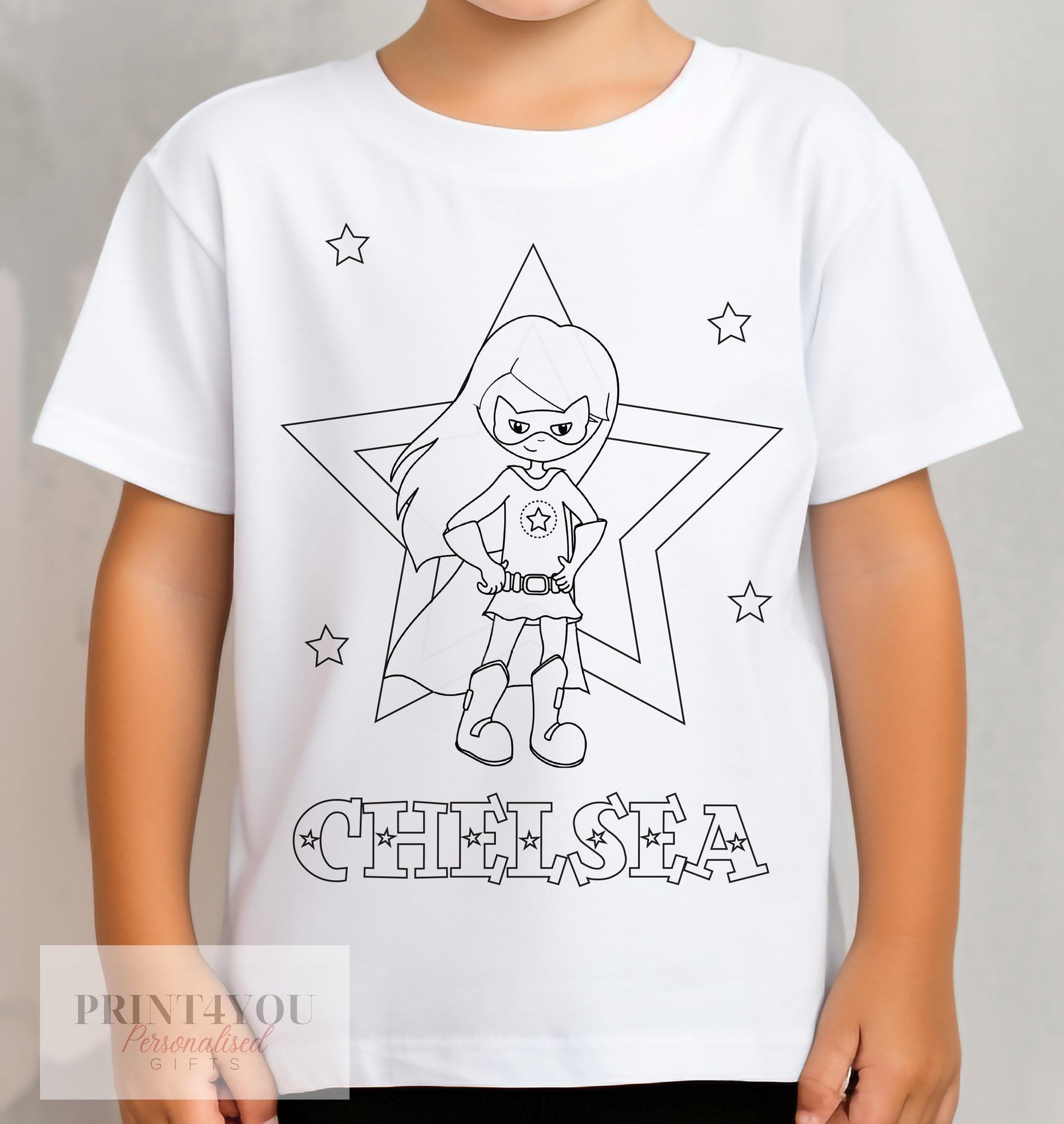 Personalised kids t-shirt with colour-in super hero girl design and washable pens, size 1-2 years