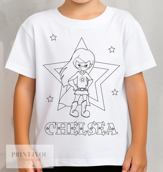 Personalised Super Hero Girl Colour In activity Kids T – shirt – with washable pens - 1-2 yrs