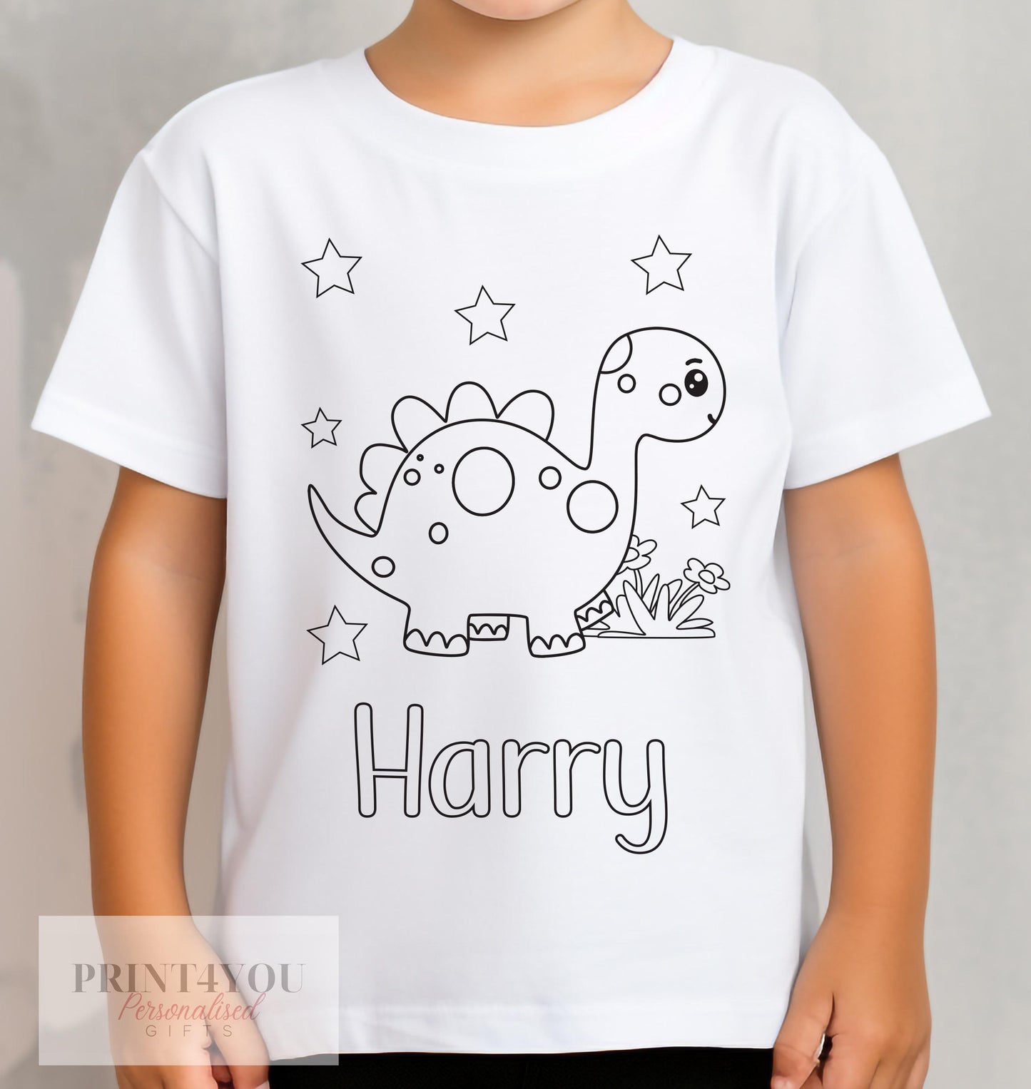 Personalised dinosaur colour-in kids t-shirt (design ND3) in white cotton, size 1-2 years