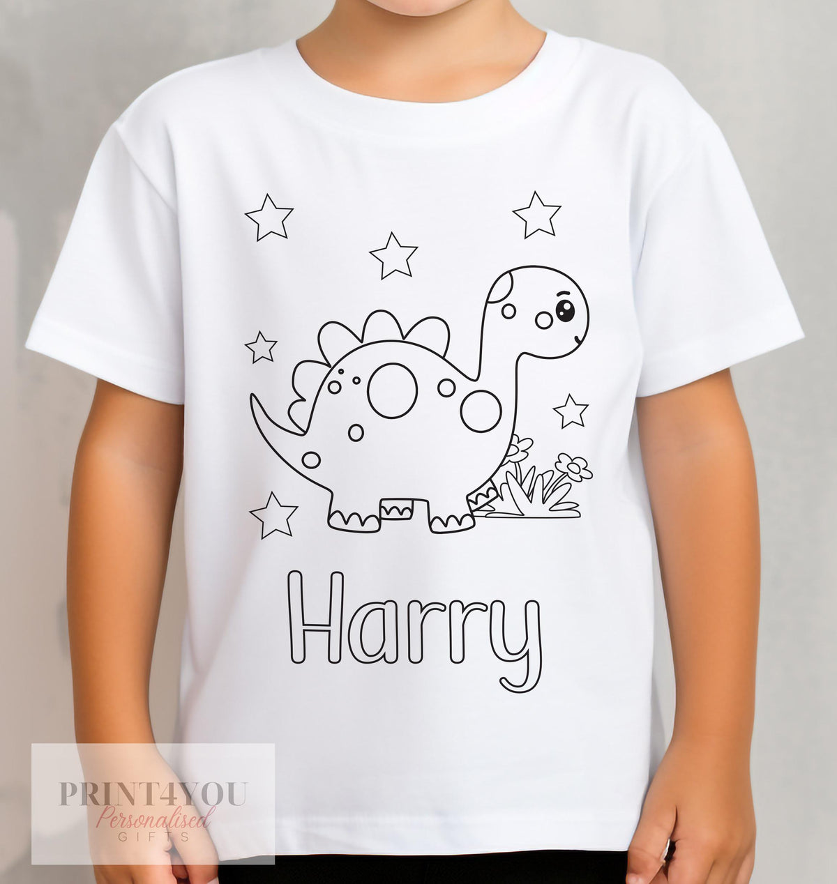 Personalised dinosaur colour-in kids t-shirt (design ND3) in white cotton, size 1-2 years