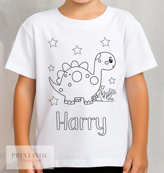 Personalised Dinosaur Birthday Colour In activity Kids T – shirt – with washable pens (ND3) - 1-2 yrs