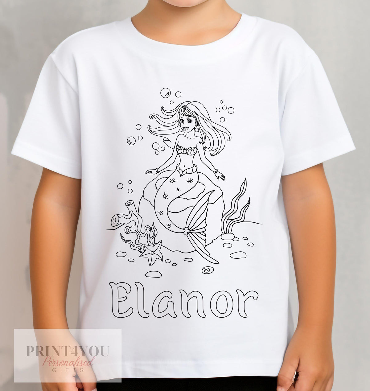 Personalised kids mermaid colour-in t-shirt, ocean design, with washable pens, size 1-2 years