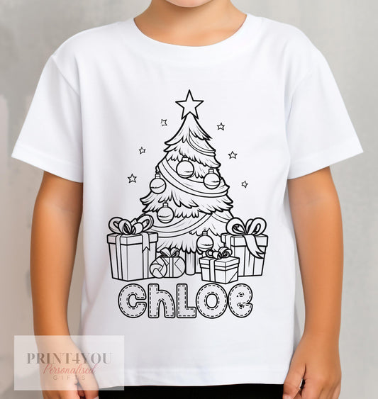 Personalised Christmas Tree and Presents Colour In activity Kids T – shirt, stocking fillers, Christmas Eve Box, Gift from Elf - 1-2 yrs
