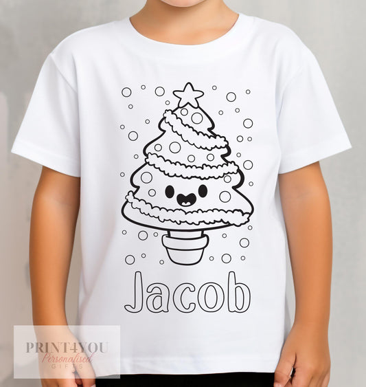 Personalised Christmas Tree Colour In activity Kids T – shirt – with washable pens – stocking fillers, Christmas Eve Box - 1-2 yrs