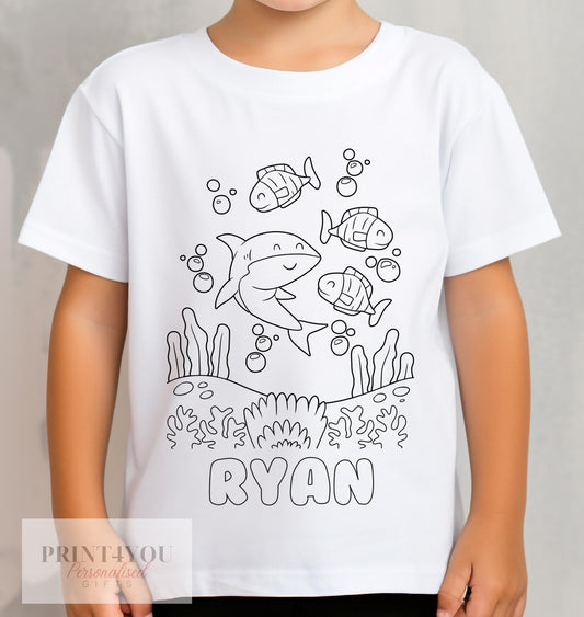 Personalised under the sea Shark Colour In activity Kids T – shirt – with washable pens - 1-2 yrs