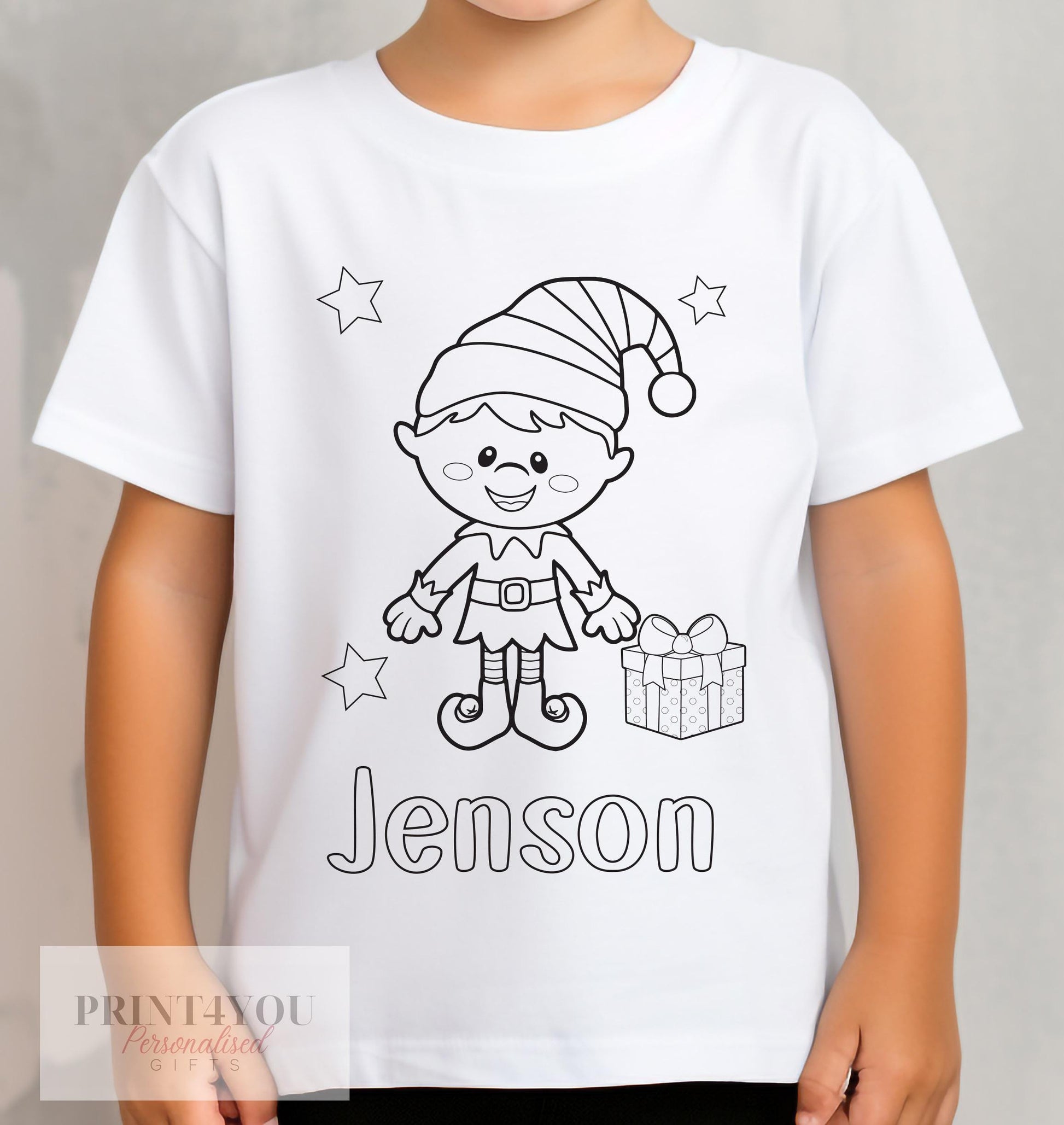 Personalised Christmas Boy Elf Colour In activity Kids T – shirt – with washable pens – stocking fillers, Christmas Eve Box, Gift from Elf - 1-2 yrs