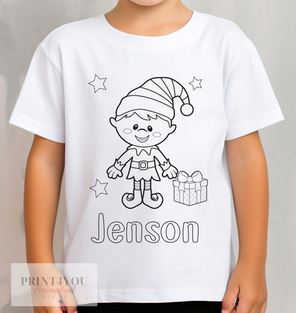 Personalised Christmas Boy Elf Colour In activity Kids T – shirt – with washable pens – stocking fillers, Christmas Eve Box, Gift from Elf - 1-2 yrs