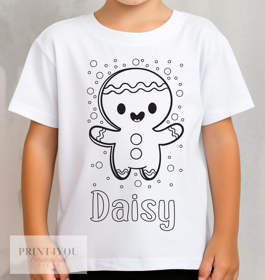 Personalised Christmas Gingerbread Man Colour In activity Kids T – shirt – with washable pens – stocking fillers, Christmas Eve Box - 1-2 yrs