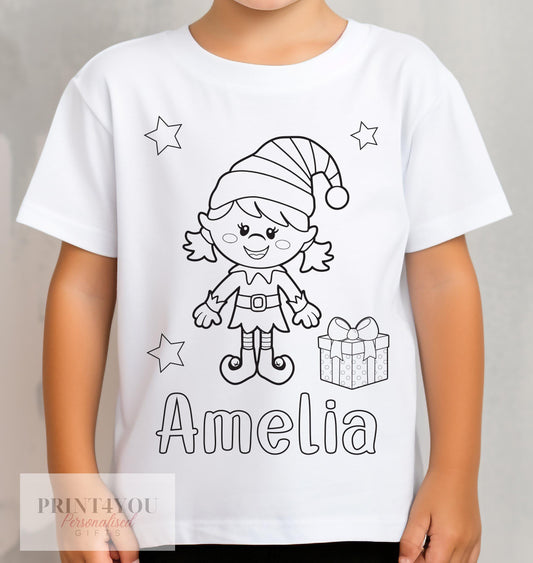 Personalised Christmas Girl Elf Colour In activity Kids T – shirt – with washable pens – stocking fillers, Christmas Eve Box, Gift from Elf - 1-2 yrs