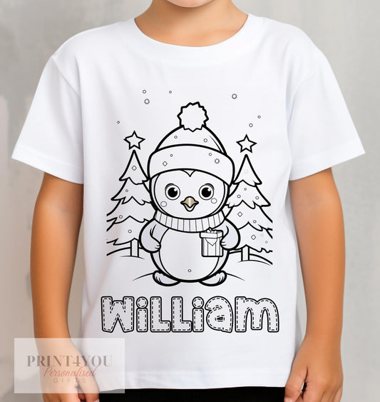 Personalised Penguin Christmas Colour In activity Kids T – shirt, stocking fillers, Christmas Eve Box, Gift from Elf - 1-2 yrs
