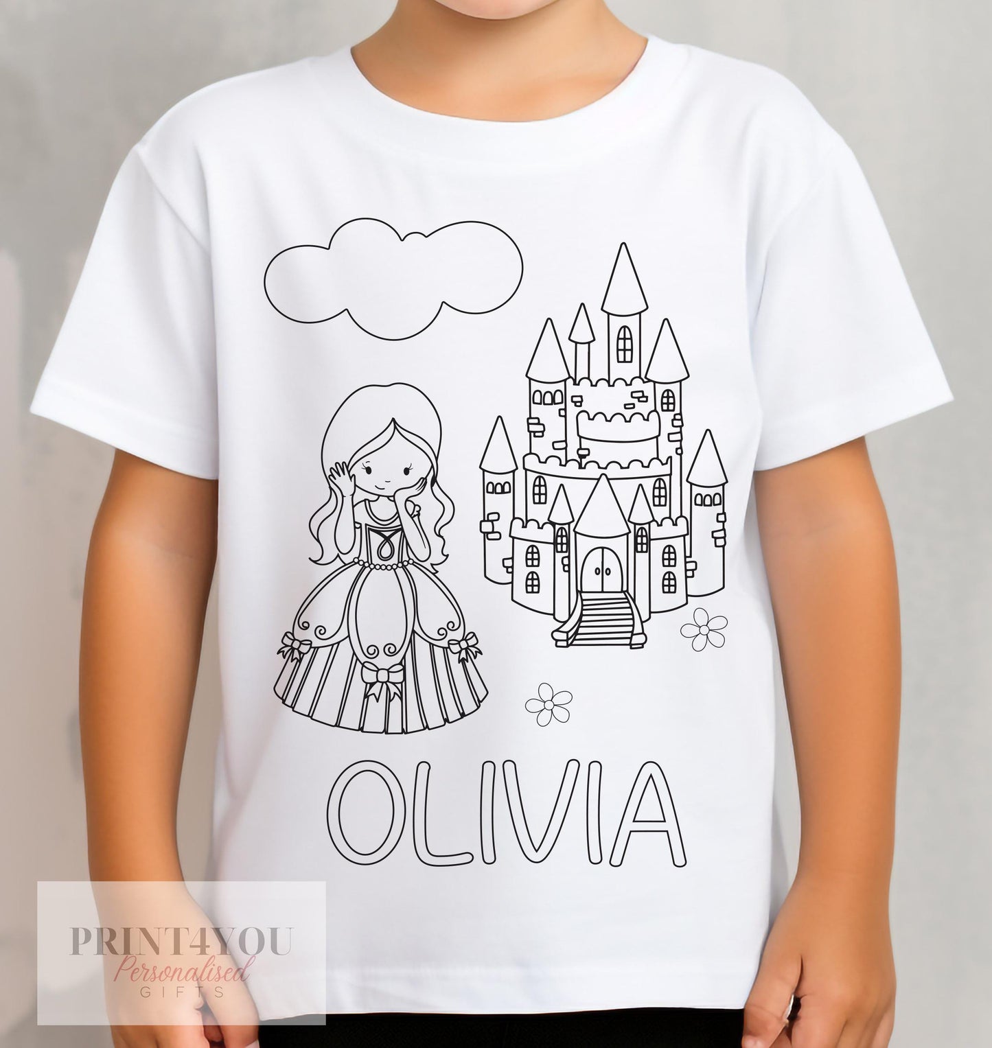 Personalised princess and castle colour-in activity T-shirt with washable pens, 1-2 years