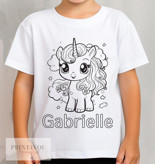 Personalised Unicorn ND2 Colour In activity Kids T – shirt – with washable pens - 1-2 yrs