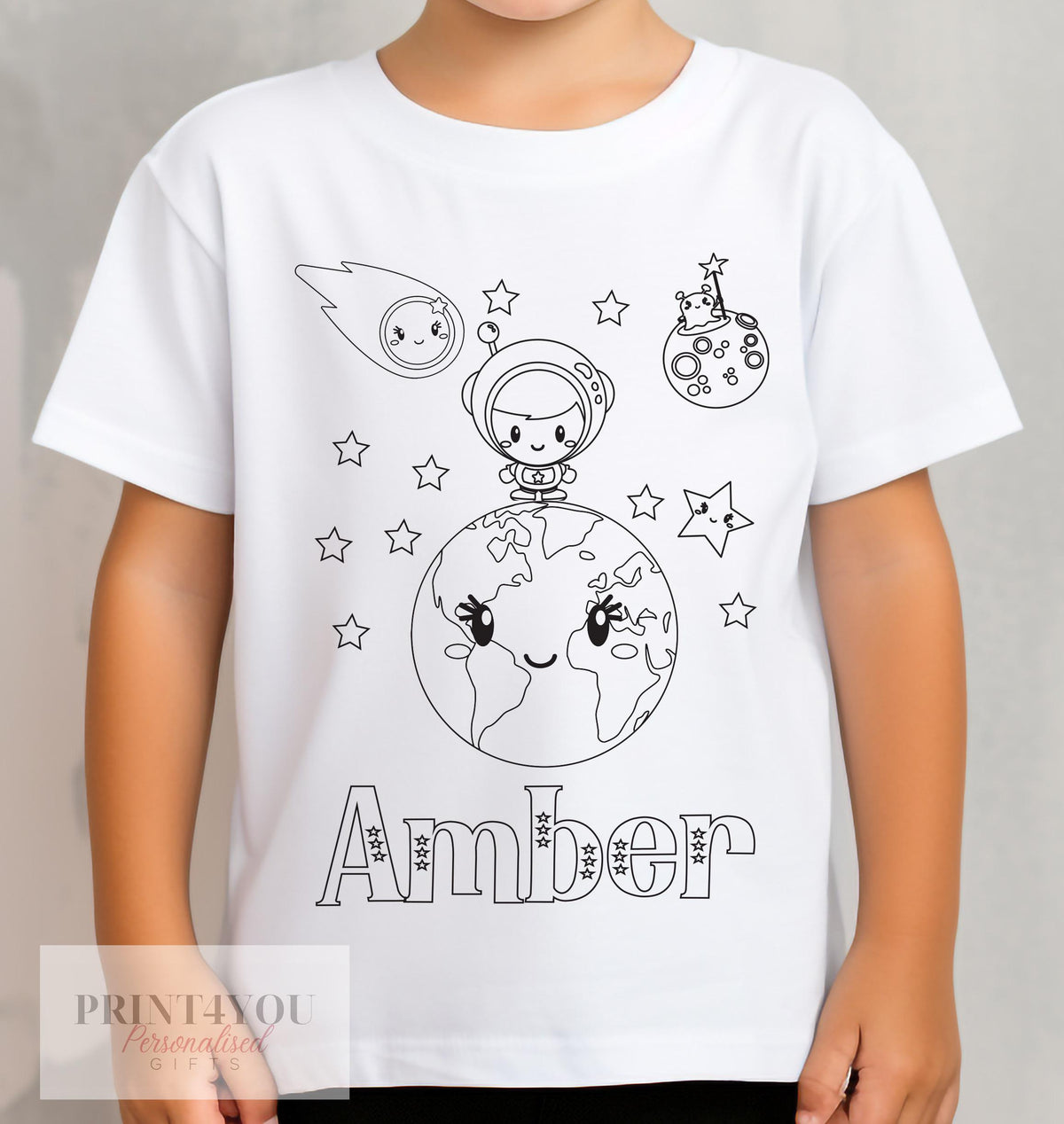Personalised Space Solar System colour-in kids t-shirt with custom name and washable pens, size 1-2 years