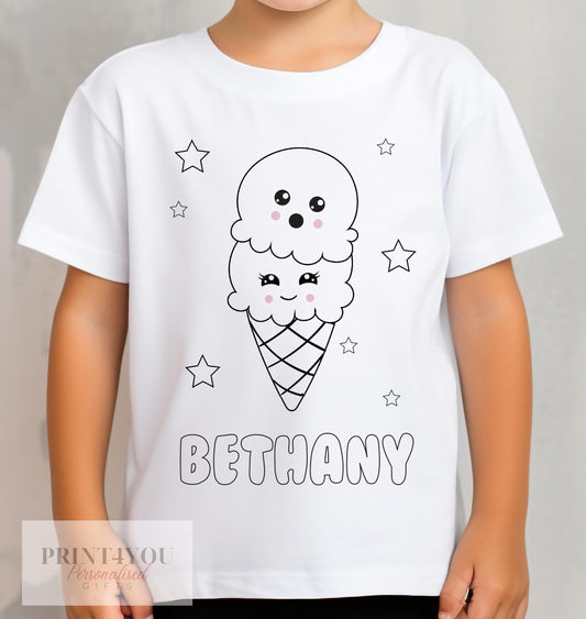 Personalised Summer time ice – cream Colour In activity Kids T – shirt – with washable pens - 1-2 yrs