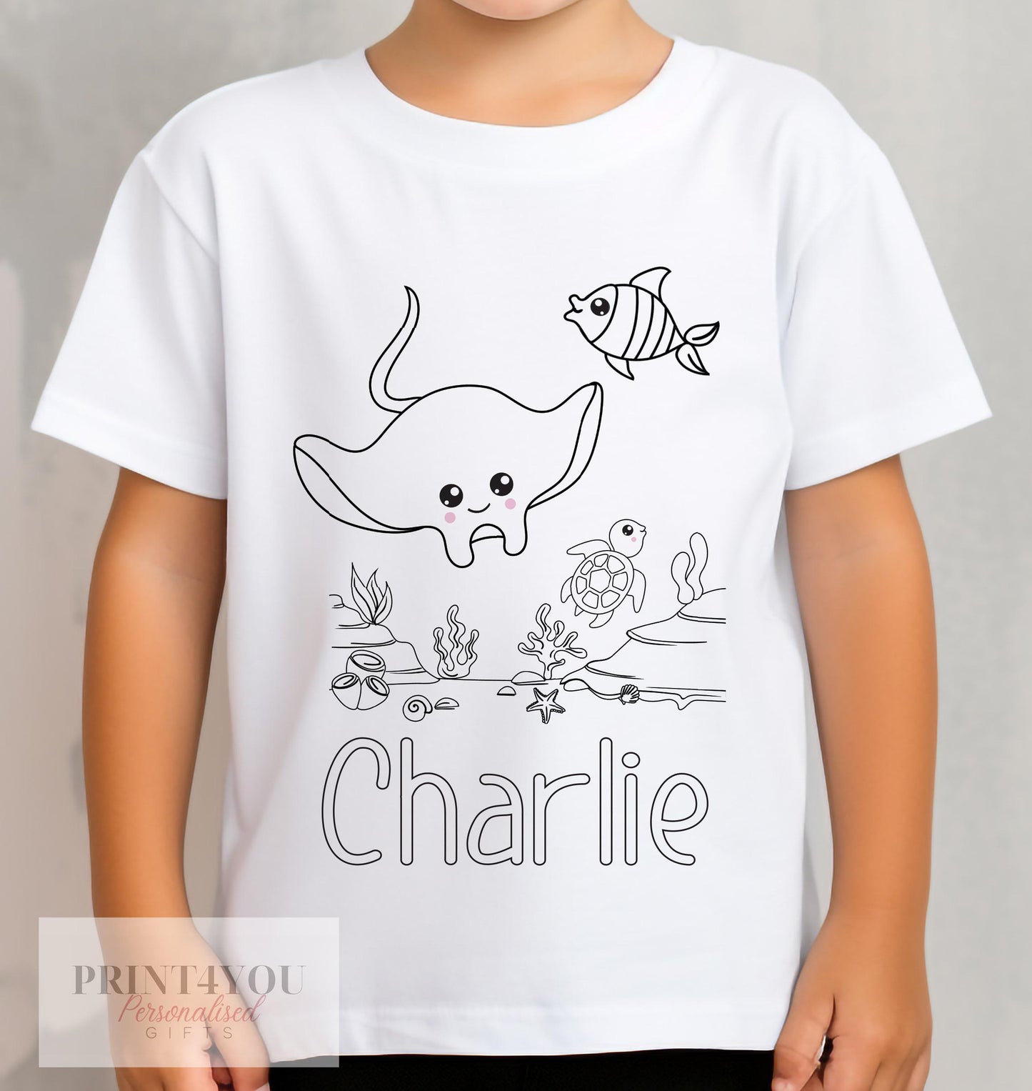 Personalised under the sea manta ray colour-in t-shirt for kids with custom name, size 1-2 years