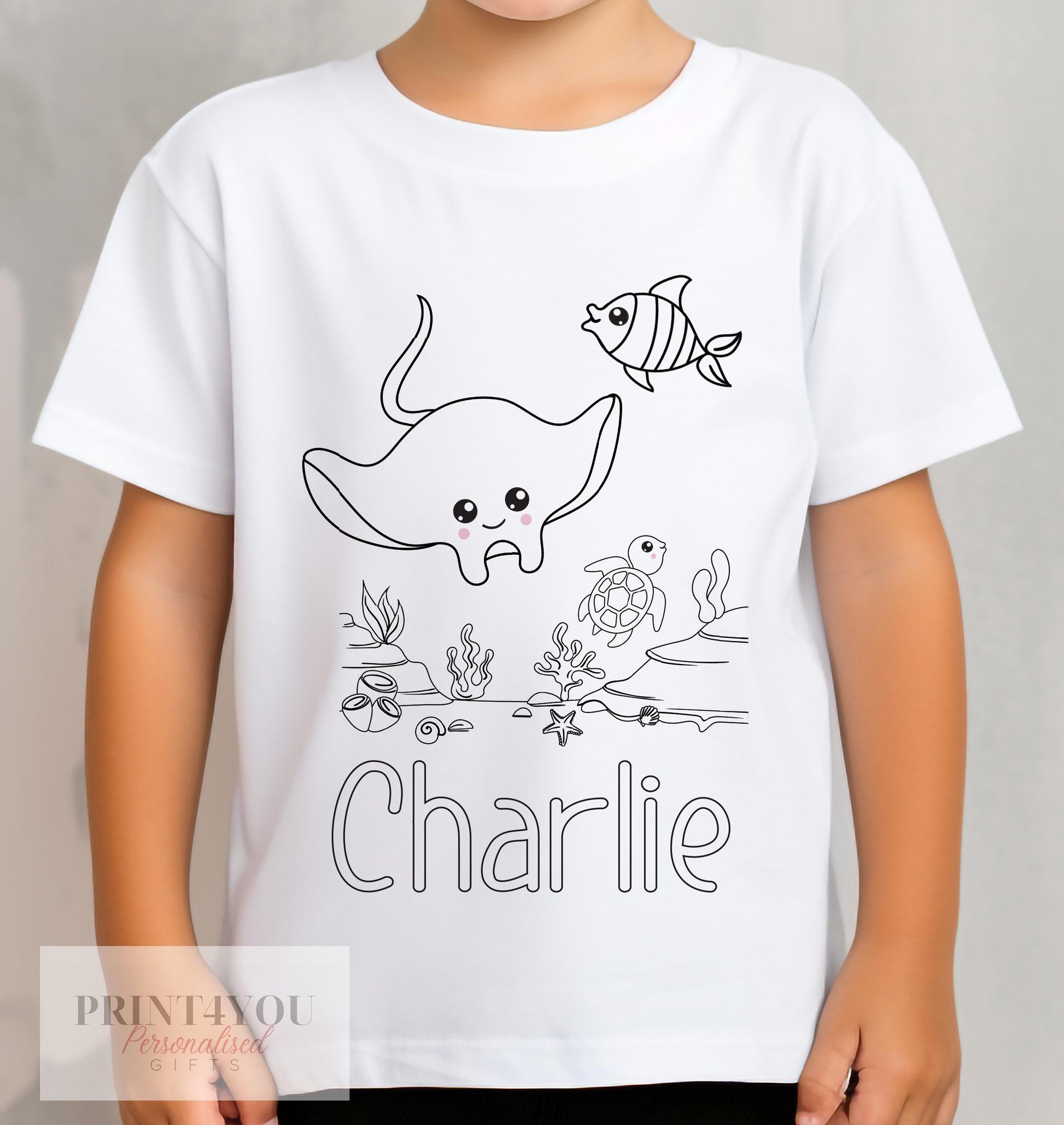 Personalised under the sea manta ray colour-in t-shirt for kids with custom name, size 1-2 years