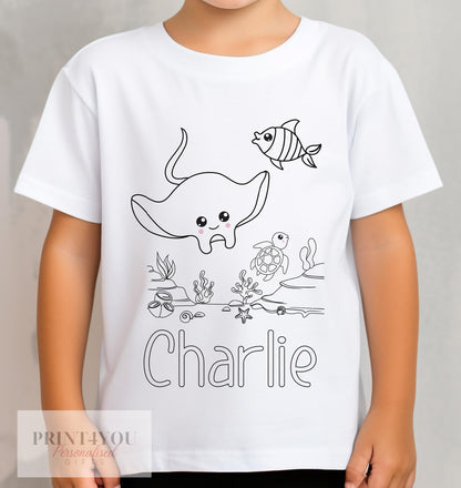 Personalised under the sea manta ray colour-in t-shirt for kids with custom name, size 1-2 years