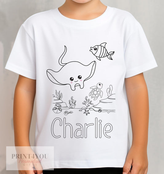 Personalised Under the sea Manta – ray Colour In activity Kids T – shirt – with washable pens - 1-2 yrs