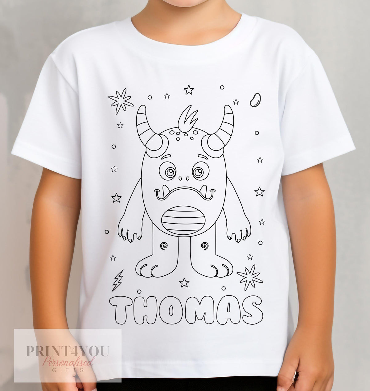 Personalised monster colour-in t-shirt for kids, size 1-2 years, with custom name printed on front