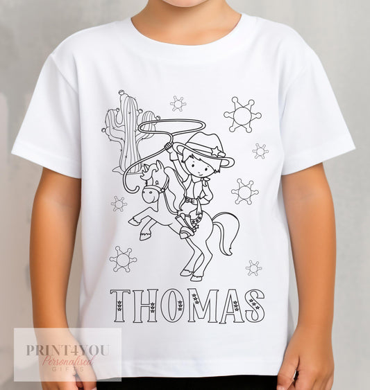 Personalised Cowboy Colour In activity Kids T – shirt – with washable pens - 1-2 yrs