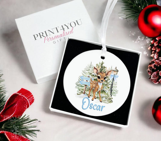 Personalised Christmas Blue Reindeer ceramic bauble decoration, Baby's First Christmas, Reindeer and Alphabet Letter - No thanks