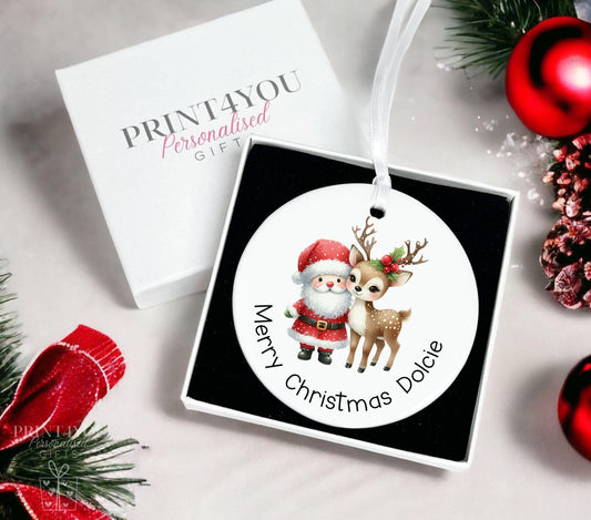 Personalised Christmas Santa and Reindeer ceramic bauble decoration, Baby's First Christmas, Reindeer and Alphabet Letter - No thanks