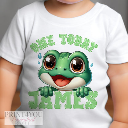 Personalised One Today Frog Birthday T – Shirt ANY AGE – Cotton White Top, Any Age, Green Frog Party Top - 1