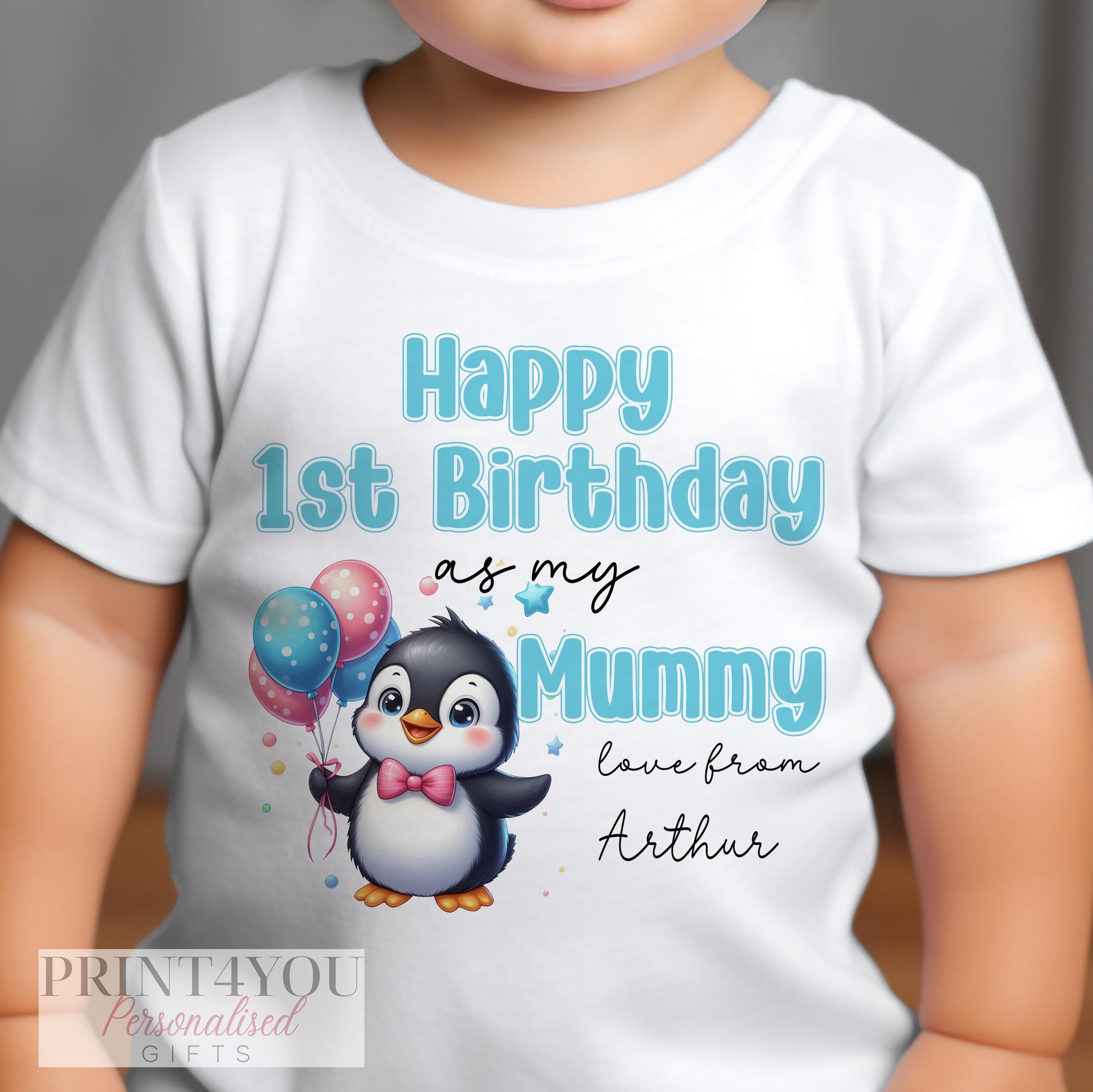 Personalised baby sleepsuit printed with Happy Birthday and a chosen name