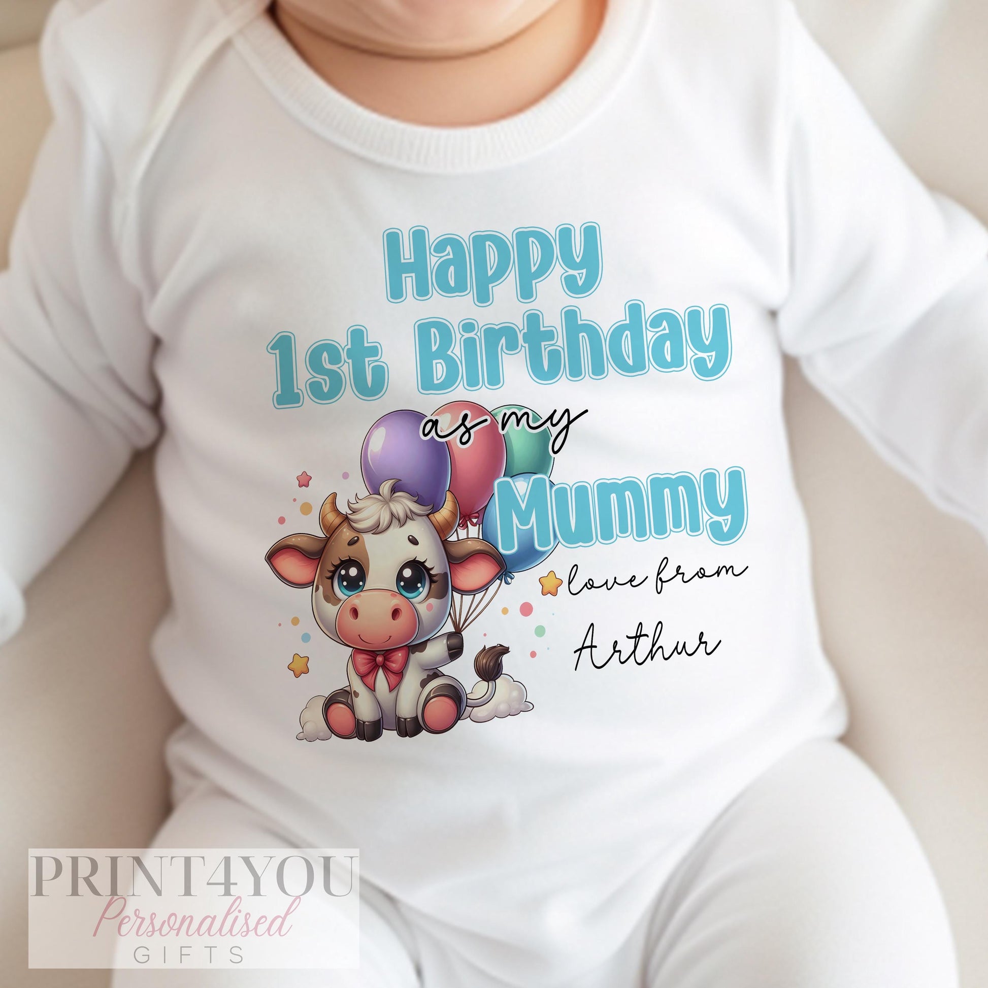 Personalised bib for baby's parent's birthday, white cotton with custom print